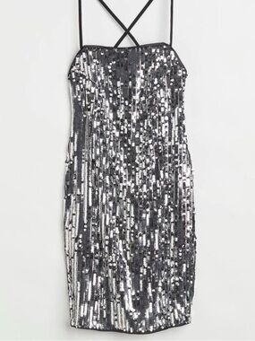 H&M Women’s Silver Sequin Party Mini Dress – Lace-Up, Lined, NWT, Size M